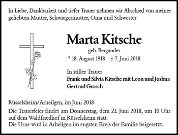 Traueranzeige von Marta Kitsche von Trauerportal Rhein Main Presse