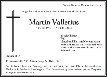 Traueranzeige von Martin Vallerius von Trauerportal Rhein Main Presse