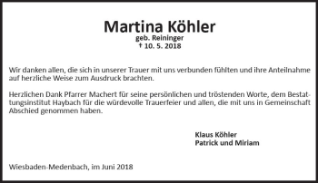 Traueranzeige von Martina Köhler von Trauerportal Rhein Main Presse