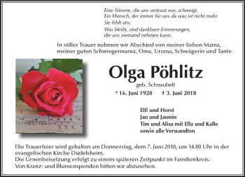 Traueranzeige von Olga Pöhlitz von  Kreisanzeiger