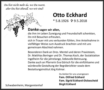Traueranzeige von Otto Eckhard von Trauerportal Rhein Main Presse