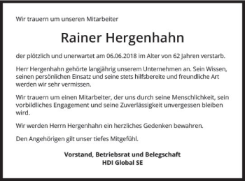 Traueranzeige von Rainer Hergenhahn von Trauerportal Rhein Main Presse