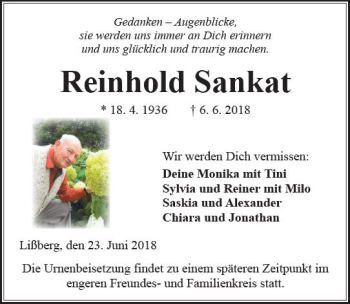 Traueranzeige von Reinhold Sankat von  Kreisanzeiger