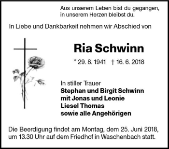 Traueranzeige von Ria Schwinn von Trauerportal Rhein Main Presse