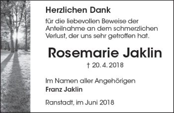 Traueranzeige von Rosemarie Jaklin von  Kreisanzeiger