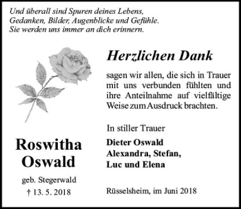 Traueranzeige von Roswitha Oswald von Trauerportal Rhein Main Presse