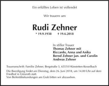 Traueranzeige von Rudi Zehner von Trauerportal Rhein Main Presse
