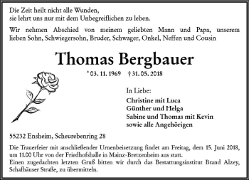 Traueranzeige von Thomas Bergbauer von Trauerportal Rhein Main Presse