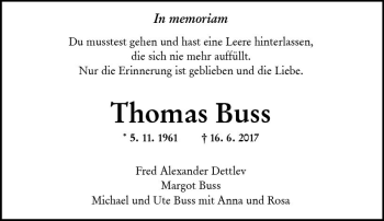 Traueranzeige von Thomas Buss von Trauerportal Rhein Main Presse