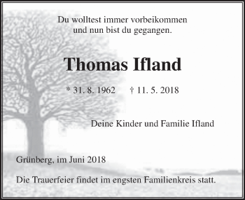 Traueranzeige von Thomas Ifland von  Gießener Anzeiger