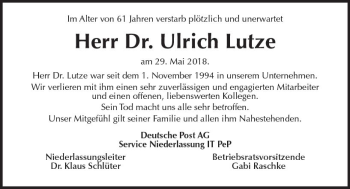 Traueranzeige von Ulrich Lutze von Trauerportal Rhein Main Presse