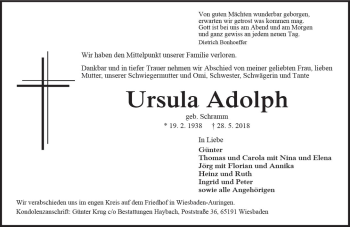 Traueranzeige von Ursula Adolph von Trauerportal Rhein Main Presse