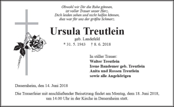 Traueranzeige von Ursula Treutlein von  Kreisanzeiger
