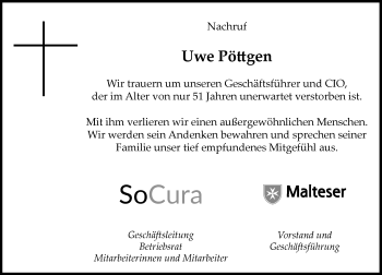 Traueranzeige von Uwe Pöttgen von  Usinger Anzeiger