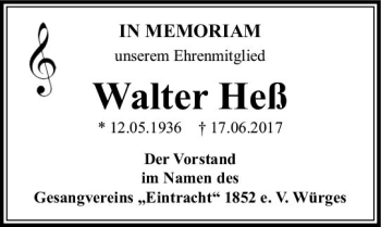 Traueranzeige von Walter Heß von  Camberger Anzeiger