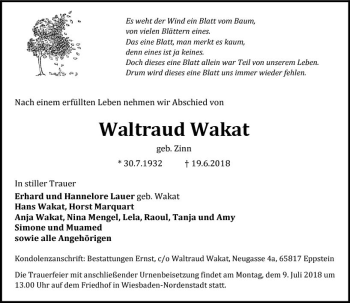 Traueranzeige von Waltraud Wakat von Trauerportal Rhein Main Presse
