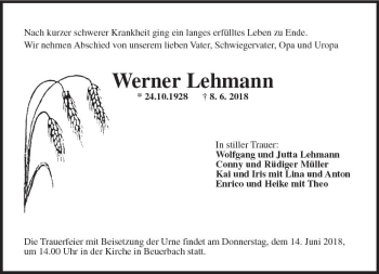 Traueranzeige von Werner Lehmann von Trauerportal Rhein Main Presse