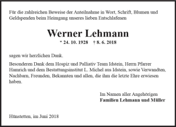 Traueranzeige von Werner Lehmann von Trauerportal Rhein Main Presse