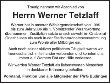 Traueranzeige von Werner Tetzlaff von  Kreisanzeiger
