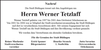 Traueranzeige von Werner Tetzlaff von  Kreisanzeiger