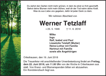 Traueranzeige von Werner Tetzlaff von  Kreisanzeiger
