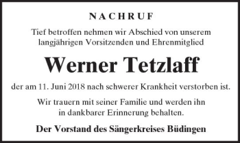 Traueranzeige von Werner Tetzlaff von  Kreisanzeiger
