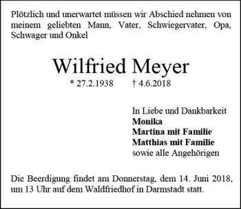 Traueranzeige von Wilfried Meyer von Trauerportal Rhein Main Presse