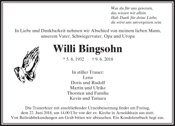Traueranzeige von Willi Bingsohn von  Usinger Anzeiger