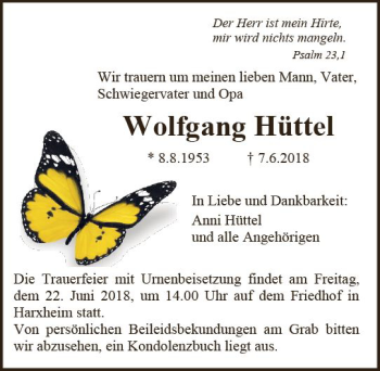 Traueranzeige von Wolfgang Hüttel von Trauerportal Rhein Main Presse