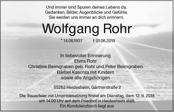 Traueranzeige von Wolfgang Rohr von Trauerportal Rhein Main Presse