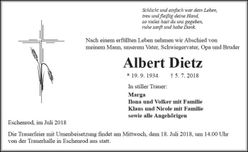 Traueranzeige von Albert Dietz von  Kreisanzeiger