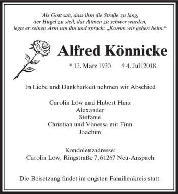 Traueranzeige von Alfred Könnicke von  Usinger Anzeiger