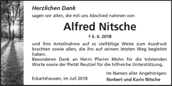 Traueranzeige von Alfred Nitsche von  Kreisanzeiger