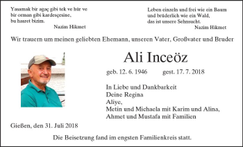 Traueranzeige von Ali Inceöz von  Gießener Anzeiger