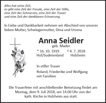 Traueranzeige von Anna Seidler von  Gießener Anzeiger