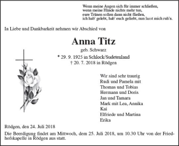 Traueranzeige von Anna Titz von  Gießener Anzeiger