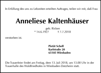 Traueranzeige von Anneliese Kaltenhäuser von vrm-trauer
