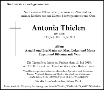 Traueranzeige von Antonia Thielen von vrm-trauer