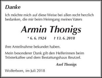 Traueranzeige von Armin Thonigs von  Kreisanzeiger