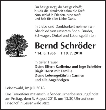 Traueranzeige von Bernd Schröder von  Kreisanzeiger