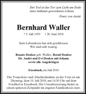 Traueranzeige von Bernhard Waller von  Camberger Anzeiger