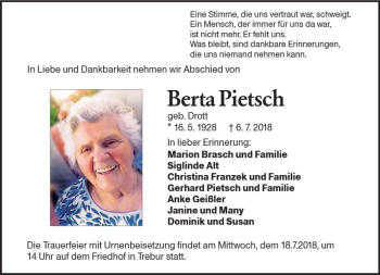 Traueranzeige von Berta Pietsch von vrm-trauer