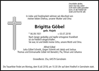 Traueranzeige von Brigitta Göbel von vrm-trauer