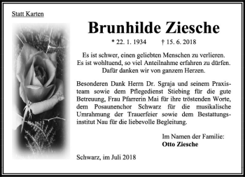 Traueranzeige von Brunhilde Ziesche von VRM Trauer