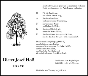 Traueranzeige von Dieter Josef Hoß von vrm-trauer
