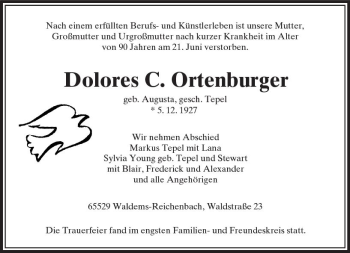 Traueranzeige von Dolores C. Ortenburger von  Camberger Anzeiger
