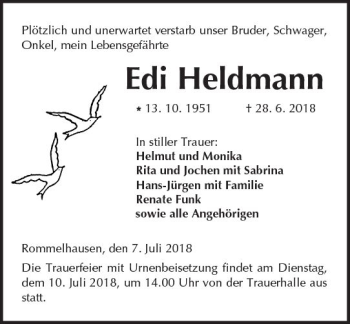 Traueranzeige von Edi Heldmann von  Kreisanzeiger
