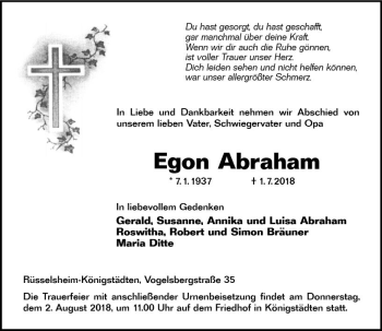 Traueranzeige von Egon Abraham von vrm-trauer