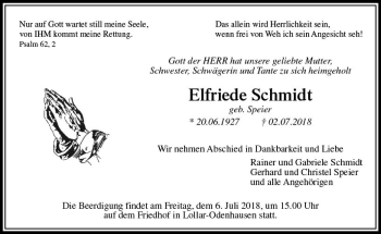 Traueranzeige von Elfriede Schmidt von  Gießener Anzeiger