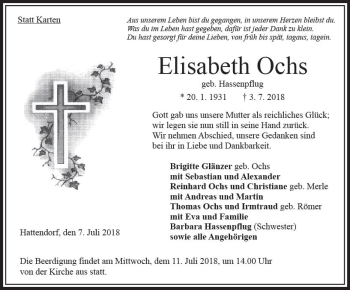 Traueranzeige von Elisabeth Ochs von VRM Trauer